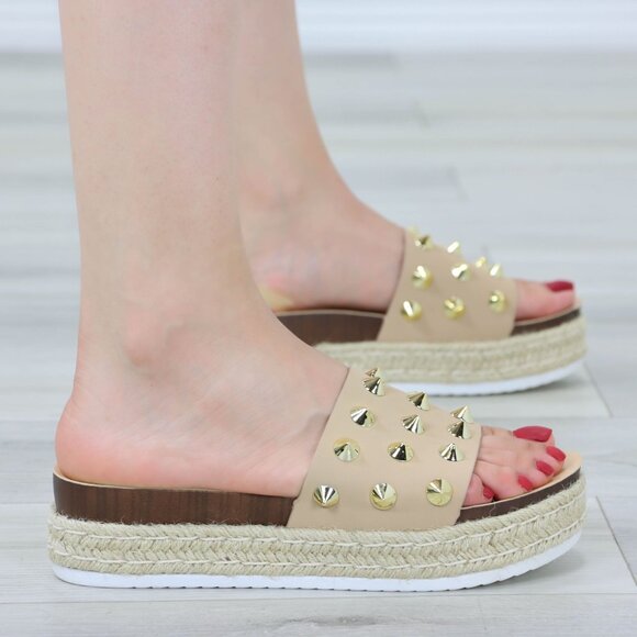 Beige Platform Sandals Gold Studded Slip On Braided Jute Sole Open Toe - Picture 10 of 12